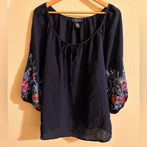 New York Clothing Co. Women's Navy Blouse with Floral Embroidery